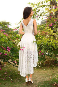 A-Line Princess V-Neck Lace Sleeveless Asymmetrical Lace High Low Bridesmaid Dresses RS286