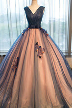 Load image into Gallery viewer, Chic Brown Long Ball Gown V-Neck Tulle Lace up Sleeveless Applique Prom Dresses RS370