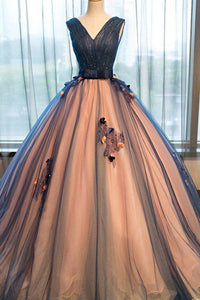 Chic Brown Long Ball Gown V-Neck Tulle Lace up Sleeveless Applique Prom Dresses RS370