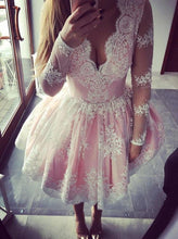 Load image into Gallery viewer, Cute A-line Long Sleeves Pink Short Lace Appliques V-Neck Homecoming Dress RS45