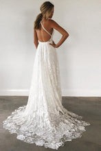 Load image into Gallery viewer, A-Line V-Neck Criss-Cross Straps Backless Court Train Lace Slit Beach Wedding Dress RS356