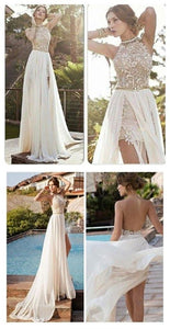 2024 Sexy Lace Backless Long Chiffon High Neckline Halter Side Slit Prom Dress Wedding Dress