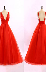 Red V-neck Backless Long Tulle Prom Dresses Evening Dresses RS494