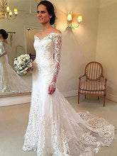 Load image into Gallery viewer, Off the Shoulder Lace Long Sleeve Mermaid V Neck Covered Button Wedding Dresses RS330