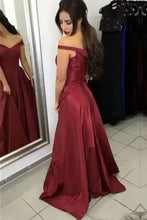 Load image into Gallery viewer, Satin Off the Shoulder A-line Sweep Train Sashes Sweetheart Burgundy Prom Dresses RS604