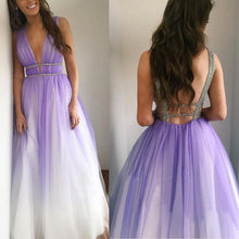 Load image into Gallery viewer, Ombre Open Back Deep V Neck Long Tulle Purple Backless Beading Prom Dresses RS77