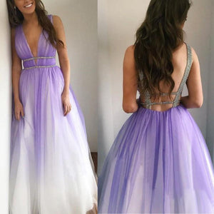 Ombre Open Back Deep V Neck Long Tulle Purple Backless Beading Prom Dresses RS77
