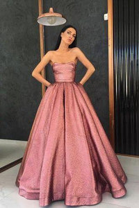Unique Strapless A Line Long Pink Satin Floor Length With Pockets Prom Dresses RS123
