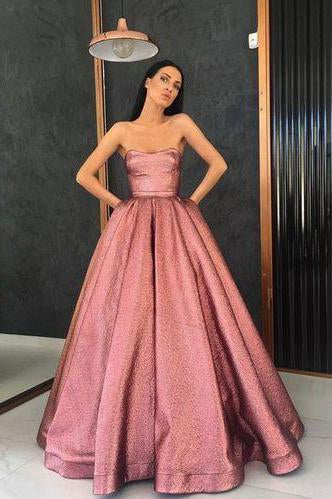 Unique Strapless A Line Long Pink Satin Floor Length With Pockets Prom Dresses RS123