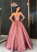 Load image into Gallery viewer, Unique Strapless A Line Long Pink Satin Floor Length With Pockets Prom Dresses RS123