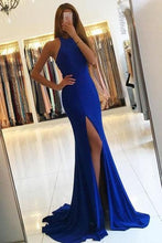 Load image into Gallery viewer, Royal Blue Long Mermaid Open Back Halter Slit Simple Cheap Prom Dresses RS194