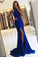 Royal Blue Long Mermaid Open Back Halter Slit Simple Cheap Prom Dresses RS194