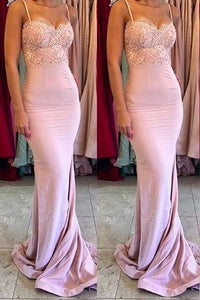 Stylish Mermaid Spaghetti Straps Satin Long Pink Bridesmaid Dresses with Lace Appliques RS267