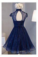 Load image into Gallery viewer, A Line Navy Blue Short High Neck Lace Open Back Cap Sleeve Mini Lace-up Homecoming Dresses RS588