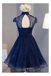 A Line Navy Blue Short High Neck Lace Open Back Cap Sleeve Mini Lace-up Homecoming Dresses RS588
