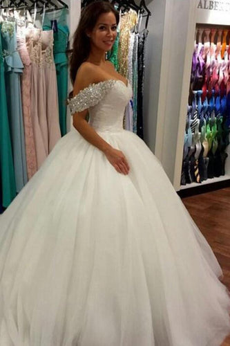 Wonderful Ball Gown Beaded Off the Shoulder Sweetheart Tulle White Wedding Dresses RS685