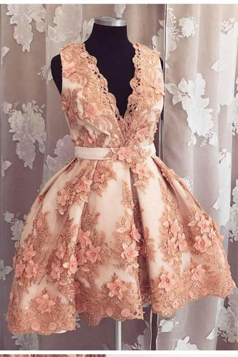 Cute A-line Deep-V Neck Lace Appliqued Short Prom Dress Beads Homecoming Dresses RS617