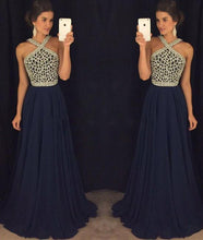 Load image into Gallery viewer, Elegant A Line Halter Dark Blue Beaded Long Chiffon Backless Long Prom Dresses RS810