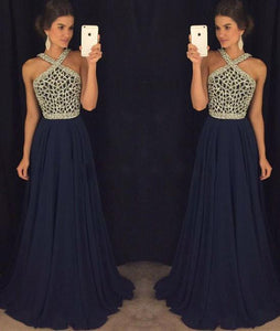 Elegant A Line Halter Dark Blue Beaded Long Chiffon Backless Long Prom Dresses RS810