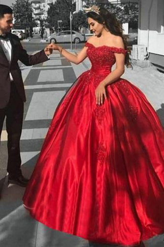 Ball Gown Off the Shoulder Red Satin Lace up Quinceanera Dresses with Appliques RS101