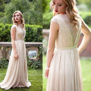 A-line Chiffon Long Simple High Neck Prom Dresses Floor-length Ruched with Cap Sleeves RS295