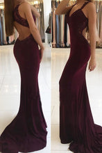 Load image into Gallery viewer, Trumpet Mermaid V-neck Jersey Appliques Burgundy Lace Open Back Prom Dresses RS622