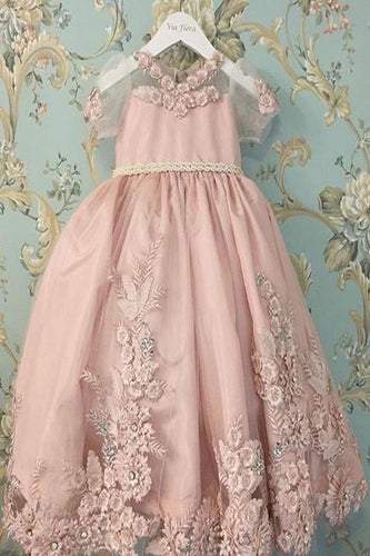 A Line Pink Princess Scoop Neck Short Sleeves Bowknot Lace Appliques Flower Girl Dresses RS860