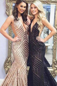 Sexy Deep V-Neck Rose Gold Sequins Mermaid Black Long Backless Prom Dresses RS425