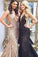 Sexy Deep V-Neck Rose Gold Sequins Mermaid Black Long Backless Prom Dresses RS425