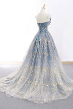 Load image into Gallery viewer, Elegant A Line Blue Tulle Long Strapless Lace up Gold Evening Dress Prom Dresses RS223