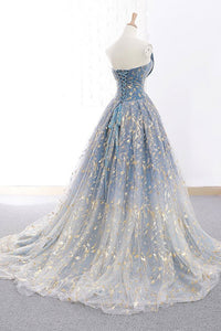 Elegant A Line Blue Tulle Long Strapless Lace up Gold Evening Dress Prom Dresses RS223