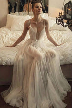 Load image into Gallery viewer, A line Beaded Tulle Spaghetti Straps Long Wedding Dresses