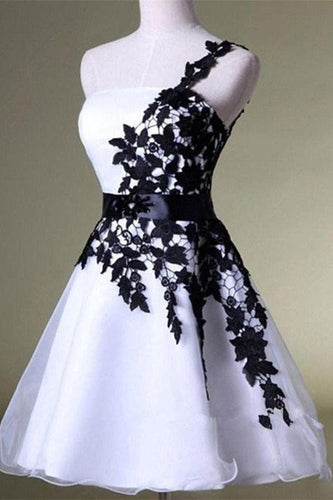 A Line One Shoulder White Homecoming Dress with Black Lace Knee Length Party Dress RS44