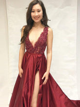 Load image into Gallery viewer, Simple A-Line Deep V-Neck Sweep Train Split Burgundy Satin Lace Prom Dresses RS329