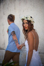 Load image into Gallery viewer, Stunning Backless White Lace Boho Spaghetti Straps Chiffon Beach Lace Lining Wedding Dress RS804