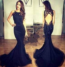 Load image into Gallery viewer, Sexy Open Back Black Halter Sleeveless Mermaid Long Fish Tail Custom Cheap Evening Dresses RS174