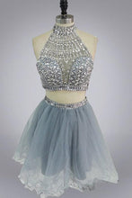 Load image into Gallery viewer, Halter High Neck Beaded Bodice Two Piece Fall Gary Tulle Open Back Homecoming Dress