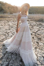 Load image into Gallery viewer, Lace Boho Spaghetti Straps Tulle Long A Line Wedding Dresses