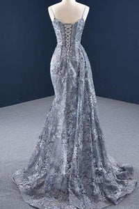 Mermaid Lace Grey Sleeveless Spaghetti Straps Long Formal Evening Dress