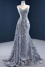 Load image into Gallery viewer, Mermaid Lace Grey Sleeveless Spaghetti Straps Long Formal Evening Dress