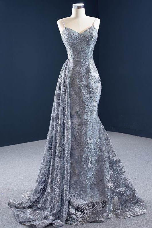 Mermaid Lace Grey Sleeveless Spaghetti Straps Long Formal Evening Dress