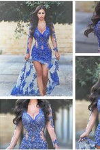Load image into Gallery viewer, Royal Blue with Long Sleeves Lace Applique Sheer Split V-Neck Backless Sexy Prom Dresses RS48