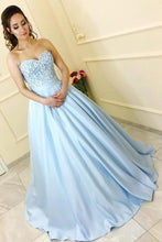 Load image into Gallery viewer, Modest A-Line Sweetheart Strapless Light Blue Sleeveless Long Prom Dresses With Lace RS230