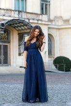 Load image into Gallery viewer, Sexy Off-the-Shoulder Chiffon Half Sleeve Sweetheart Navy Blue Floor Length Prom Dresses RS238