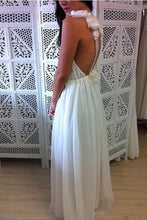Load image into Gallery viewer, A-Line V-Neck Floor Length Backless Chiffon Tulle Wedding Dress with Handmade Flower RS640