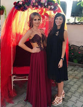 Load image into Gallery viewer, Sweetheart Appliques Beading Strapless Red A-Line Chiffon See-through Fashion Prom Dresses RS247