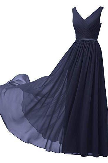 A Line V Neck Chiffon Navy Blue Long Sleeveless Ruffles Floor Length Prom Dresses RS337
