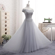 Load image into Gallery viewer, A-Line Gray Lace Off the Shoulder Tulle Lace-up Sweetheart Prom Dresses RS157