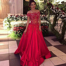 Load image into Gallery viewer, Off the Shoulder Beads Sequins Stretch Satin Cheap Long Red A-line Prom Dresses RS302