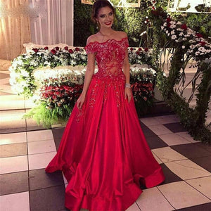 Off the Shoulder Beads Sequins Stretch Satin Cheap Long Red A-line Prom Dresses RS302